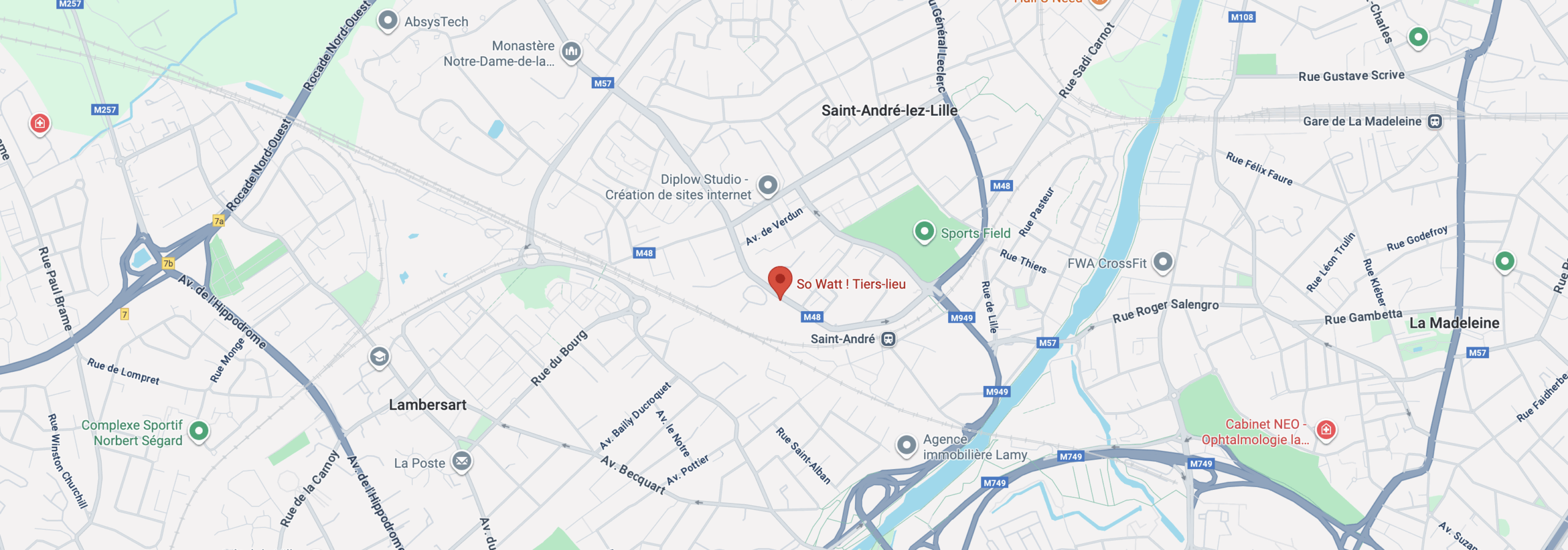 Carte Google Maps du tiers lieu So Watt! où se trouve l’Artorium à Saint-André-lez-Lille