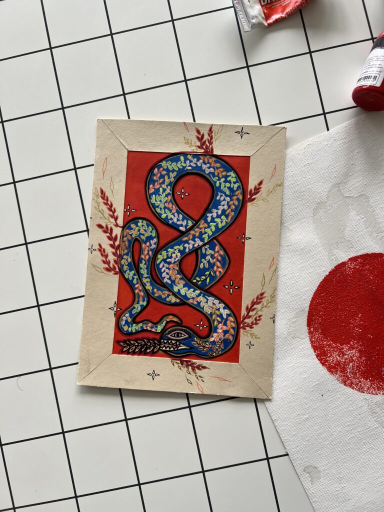 Peinture représentant un serpent stylisé comme une carte