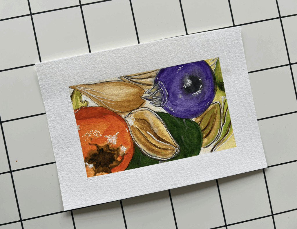 Création finale de l’atelier Microscopie créative adultes : scène végétale peinte à l’aquarelle